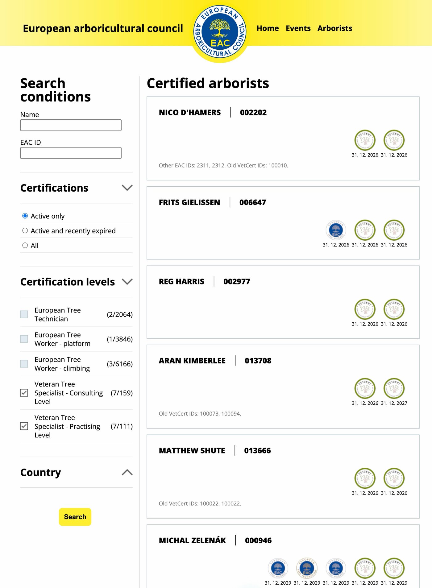 EAC certified arborists register preview
